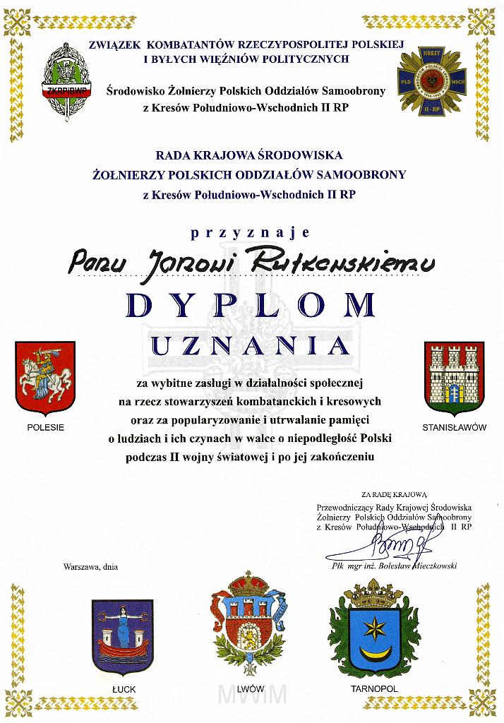 KKE 3231.jpg - Dyplom, Jana Rutkowskiego zazasługi w działaności społecznej na rzecz stowarzyszeń kombatanckich, Warszawa, 2007 r.